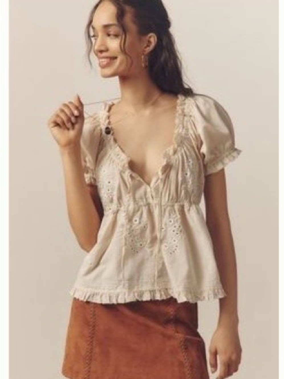 Anthropologie puff sleeve embroidered babydoll top peasant blouse XL NWOT
